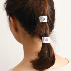 Bohemian amethyst hair buckle with silver metal square frame and elastic band for ponytails