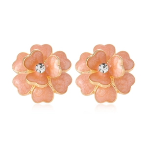 Stereo pink flower stud earrings with golden edges and centered crystal zircon