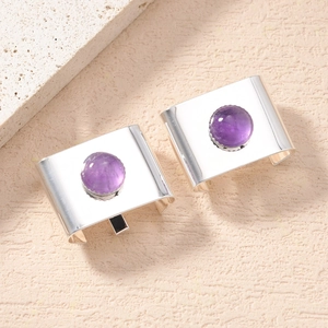 Bohemian amethyst agate ponytail cuff in polished silver metal with 45-degree angle view