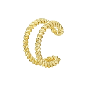 Detail of a gold-plated spiral twist ear cuff with double-layered rope texture