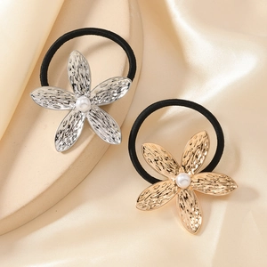 Elegant Hammered Alloy Flower Hair Ties With Faux Artificial Pearl Inlay High Elasticity Hair Scrunchies For Women Daily Styling