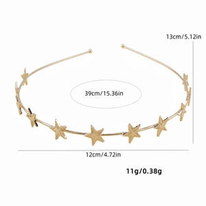Minimalist gold metal headband featuring 3D star charms with size and weight dimensions