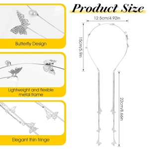 Detail showing silver butterfly headband dimensions with pearl fringe and rhinestone accents