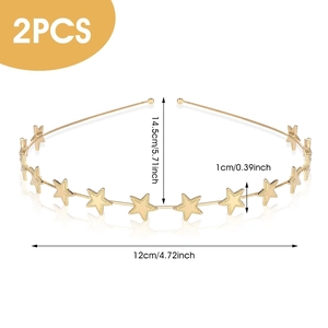 Detailed dimension guide for two gold metal star headbands featuring engraved pentagrams