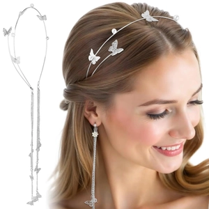Elegant Alloy Rhinestone Butterfly Tassel Headband With Faux Artificial Pearl Ethereal Forest Style Hair Hoop For Women Wedding Party Jewelry
