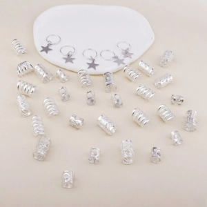 35pcs silver alloy hair jewelry set with star pendants and hollow out braid rings