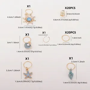 Detailed size chart for 45pcs sea star dreadlock hair jewelry and charms set