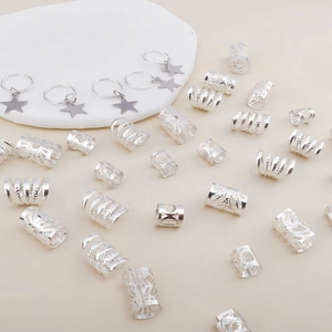Set of 35 silver alloy dreadlock jewelry with star charms and hollow rings for hair