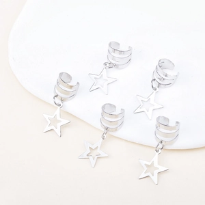 Set of 5 silver metal hollow star hair ring charms for dreadlocks and DIY hair accessories