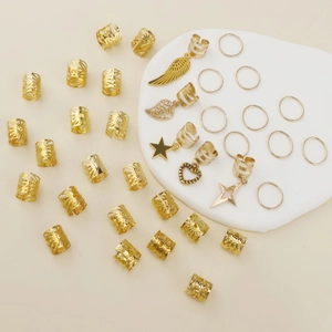 35-piece golden alloy braid hair rings set with charms for hip-hop hair styling