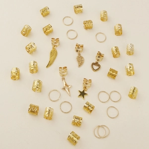 35-piece gold alloy hair rings set with charms like wings leaves and stars for braids