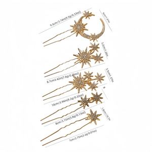 Detailed size specifications for gold moon and star rhinestone hair pins set