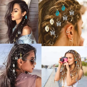 Detailed view of bohemian style hair braid rings and charms set for DIY hair accessories