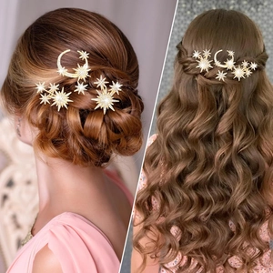 Elegant gold celestial hair clip set with moon and star rhinestones for bridal hairstyles