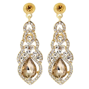 Elegant gold-tone tassel earrings with floral crystals and champagne pear-cut gemstones
