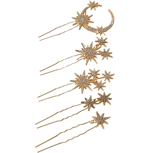 Detailed view of 5-piece gold hairpins set featuring moon and star rhinestone designs