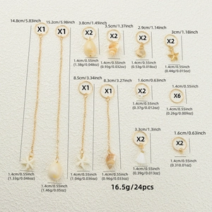 24pcs gold shell and starfish hair jewelry set with dimensions and weight specs