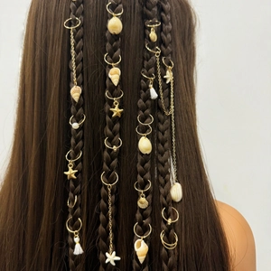 Bohemian Ocean Shell Starfish Braid Hair Rings For Women Gold Alloy Dreadlock Jewelry Set With Tassels And Faux Artificial Pearls