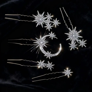 Moon and star hair pin set with sparkling rhinestones on elegant black velvet base