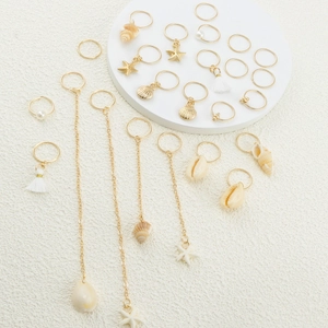 Bohemian gold hair ring set with sea shells, starfish, and pearls for braid decoration