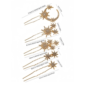 Set of 6 gold star and moon bridal hair pins with crystals and size dimensions