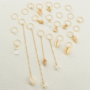 Golden ocean theme hair rings set with seashell, starfish, pearl and tassel charms