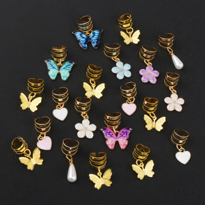 Assorted alloy lace heart and butterfly hair charms with golden spiral rings for DIY braids