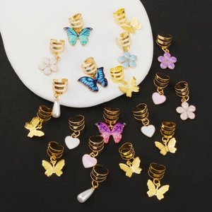 Mix of gold hair jewelry rings with colorful butterfly, flower and heart charms