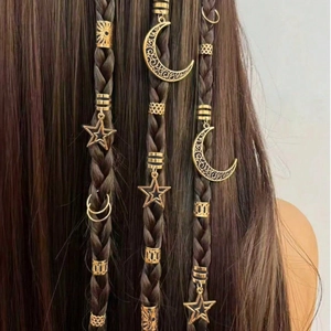 Ensemble d'Accessoires pour Cheveux Tressés en Alliage de Style Bohème Or Argent Métal Ajouré Bijoux de Cheveux Pendentifs Lune Étoile pour Femmes