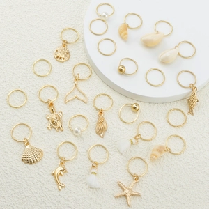 Lot de 24 anneaux de cheveux dorés avec breloques étoile de mer et perles
