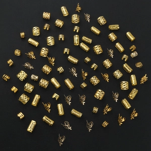 Golden DIY hair accessories set with metal rings and leaf pendants for dreadlock styling