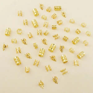 50pcs golden alloy hair ring set with hollow tubes and leaf charms for braids