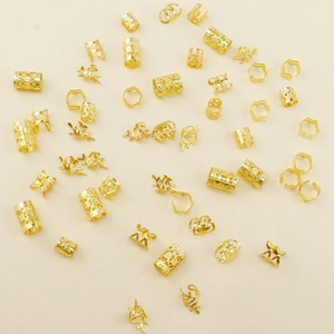 50pcs gold plated hollow hair braid rings in flower and leaf designs for DIY styling