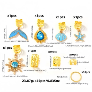 45-piece gold hair rings set with blue baroque ocean charms and hollow metal cuffs
