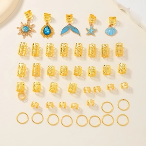 45pcs golden baroque ocean hair rings with sun, starfish, and sea charms for braids
