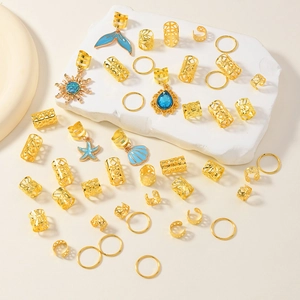 45pcs Gold Baroque Ocean Hair Rings with Starfish and Shell Charms for Braids