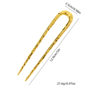 Forcina per capelli a U dorata con texture martellata e indicazione di 12,9 cm di lunghezza