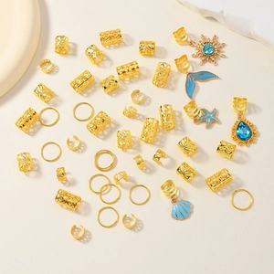 45pcs golden baroque ocean hair rings with blue starfish and seashell charms for festivals