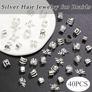 40PCS silver hair jewelry set with hollow leaf and crown charms for braids and dreadlocks