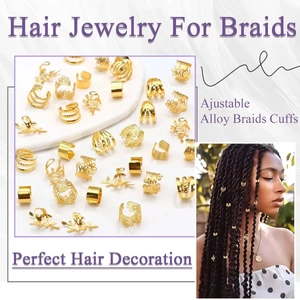Adjustable gold alloy hair jewelry set for braids featuring hollow floral and leaf designs