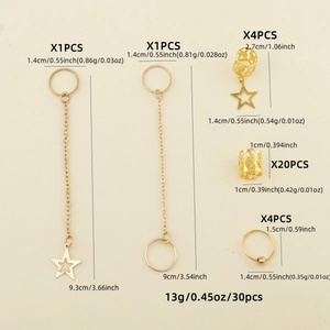 30pcs gold star hair jewelry set for dreadlocks with charms and hollow rings
