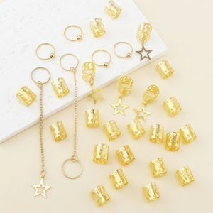 30pcs gold hollow hair rings with star pendants and tubes for braiding decorations