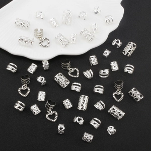 45pcs silver hollow heart braid rings and metal hair accessories set on shell plate