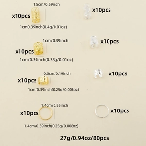 80-piece gold and silver hair braid jewelry set with hollow rings and cuffs accessory kit