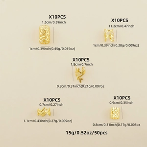 Set of 50 gold hollow hair jewelry charms with leaf and geometric patterns for braids