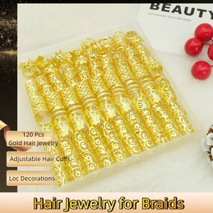 Detailed set of 120 gold hair rings and hollow cuffs for braids in a clear storage box