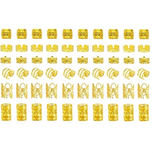 60 pieces gold dreadlock beads set with 6 diverse patterns on a white background
