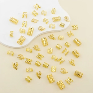 50pcs gold hollow hair rings with leaf and crown charms for DIY dreadlocks hair jewelry