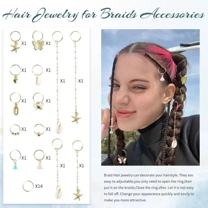 Golden 26-piece shell and starfish hair charm set shown on model and product layout