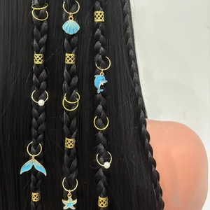 Gold Alloy Faux Artificial Pearl Enamel Dreadlock Rings Ocean Shell Starfish Dolphin Fish Tail Charms Braiding Hair Accessories Women Girls